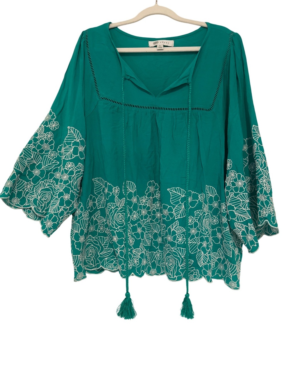 Fever Green with White Floral Embroidered Peasant Blouse with Tassels, NWT XL
